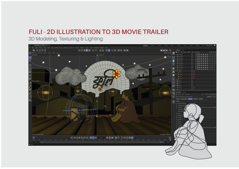 3D software screenshot showing modeling, texturing and lighting work in progress on the rooftop scene