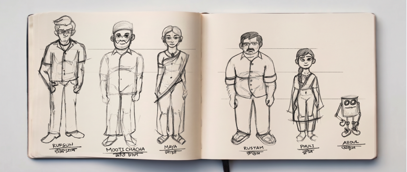 Early pencil character studies for Rufsun, Mooti Chacha, Maya, Rustam, Phuli and Abdul