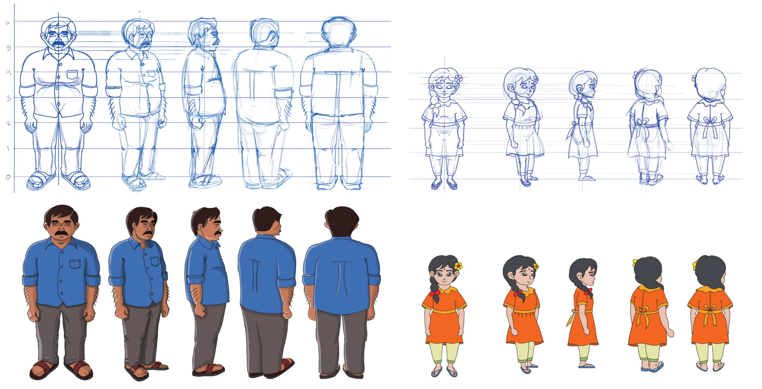 Rustam and Fuli turnarounds: proportion lines, five-angle construction sketches, and finished colour model sheets