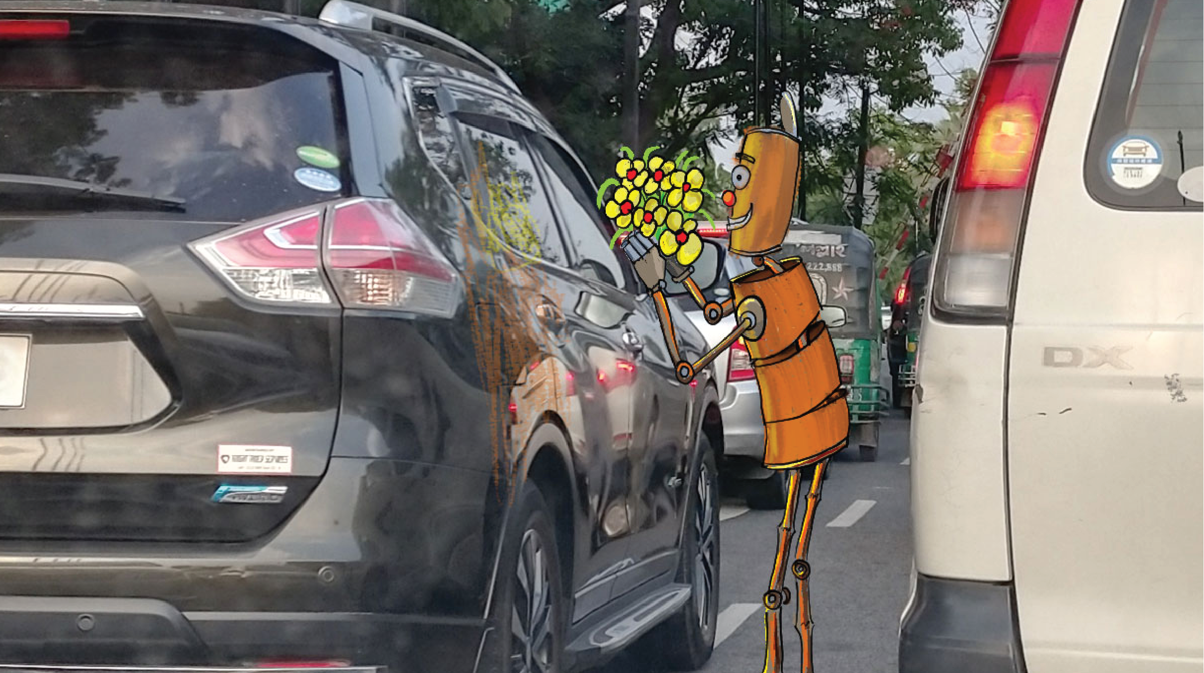 Abdul the tin robot composited into a real street-traffic photograph, waving with a bouquet of flowers