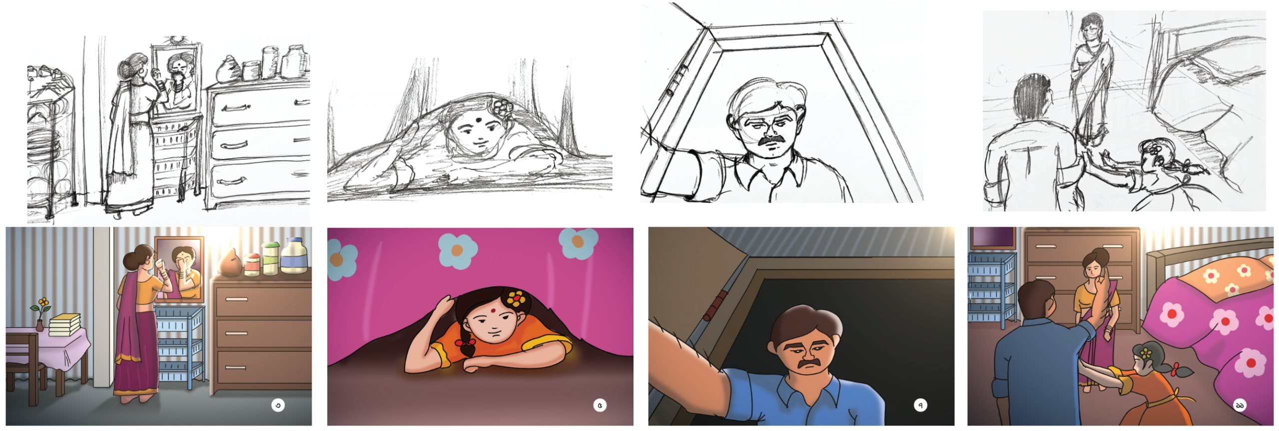 Pencil storyboard panels for four consecutive spreads