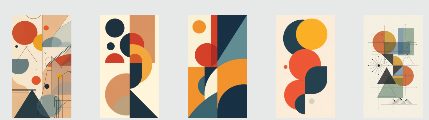 Five geometric composition studies exploring layout, color and shape