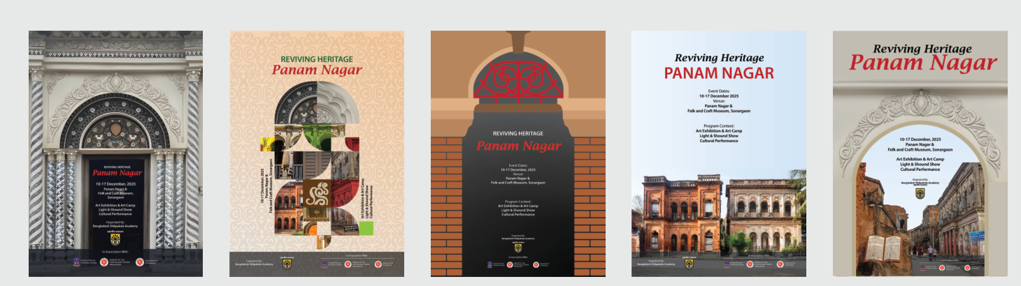 Five final poster layout iterations combining photography and typography